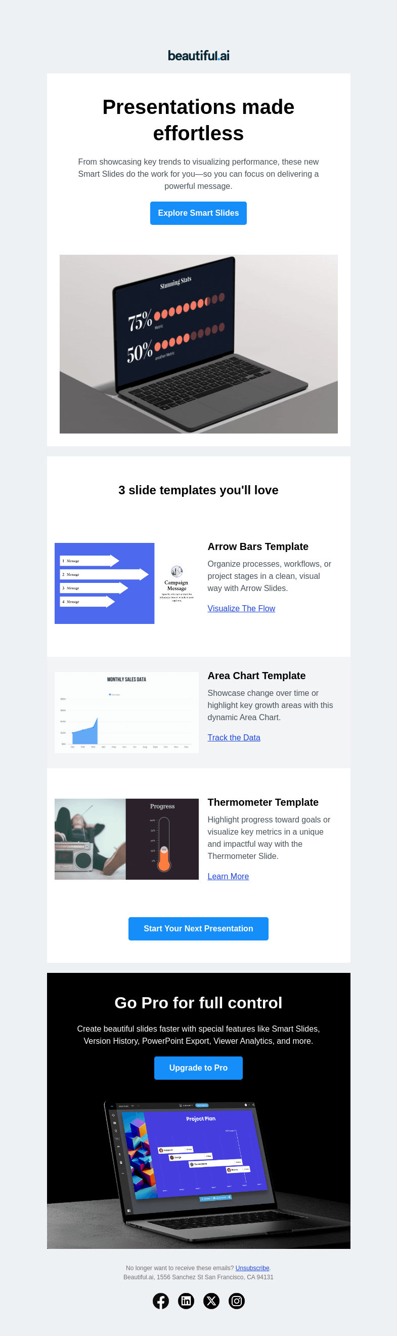 Письмо компании «Beautiful.ai» на тему «Streamline your story with these Smart Slides»