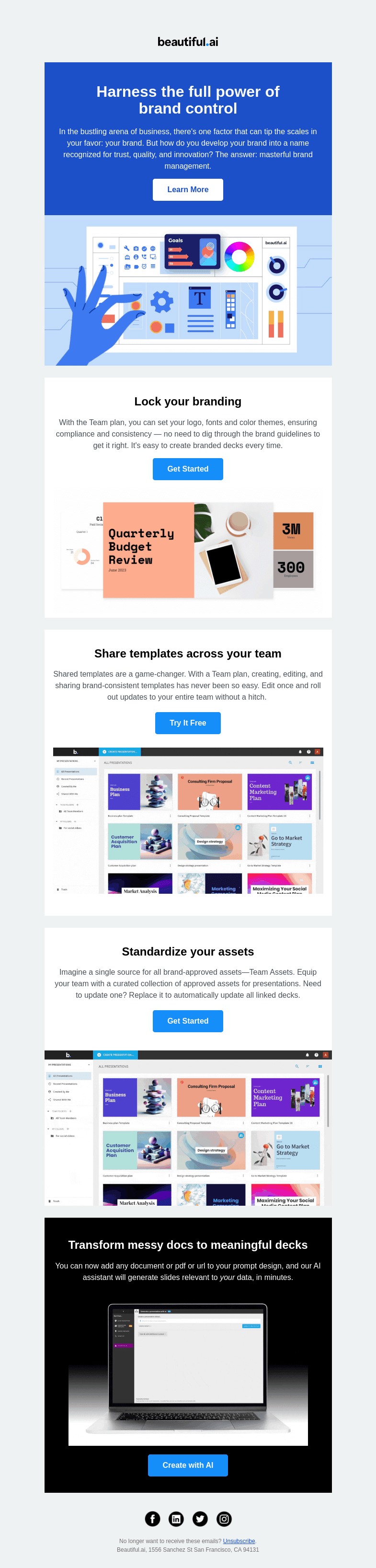 Письмо компании «Beautiful.ai» на тему «Brand control is »
