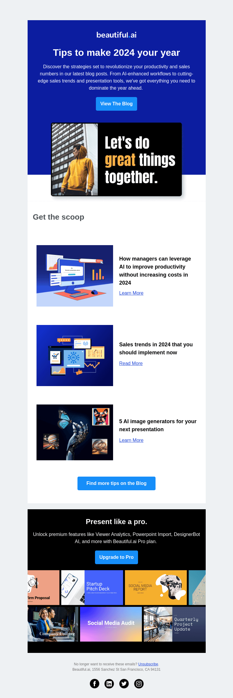 Письмо компании «Beautiful.ai» на тему «AI & Sales insights to conquer 2024»