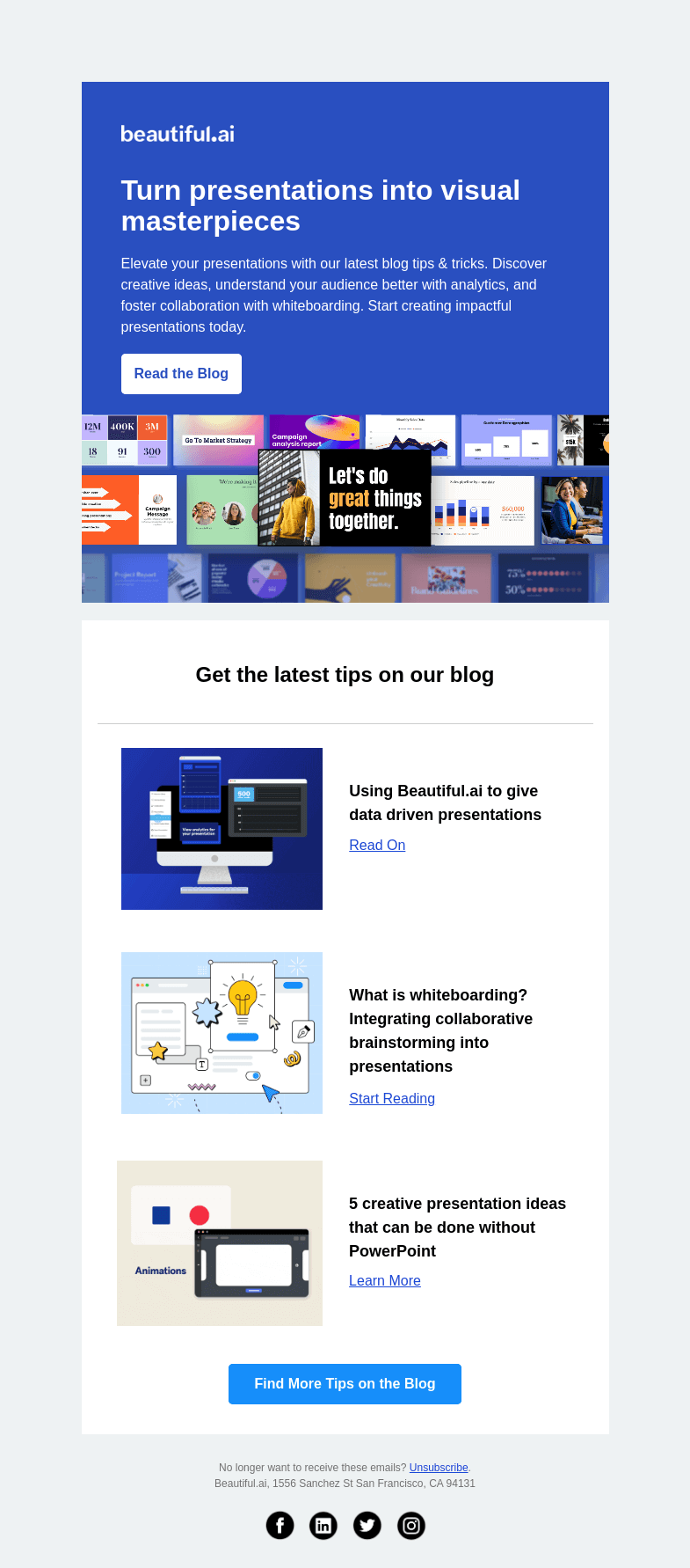 Письмо компании «Beautiful.ai» на тему «Elevate your presentation game with these tips»