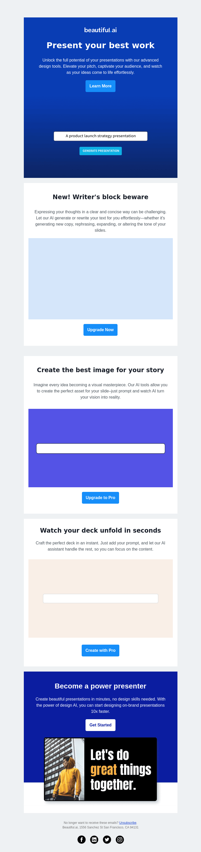 Письмо компании «Beautiful.ai» на тему «Up your presentation game with our top features»
