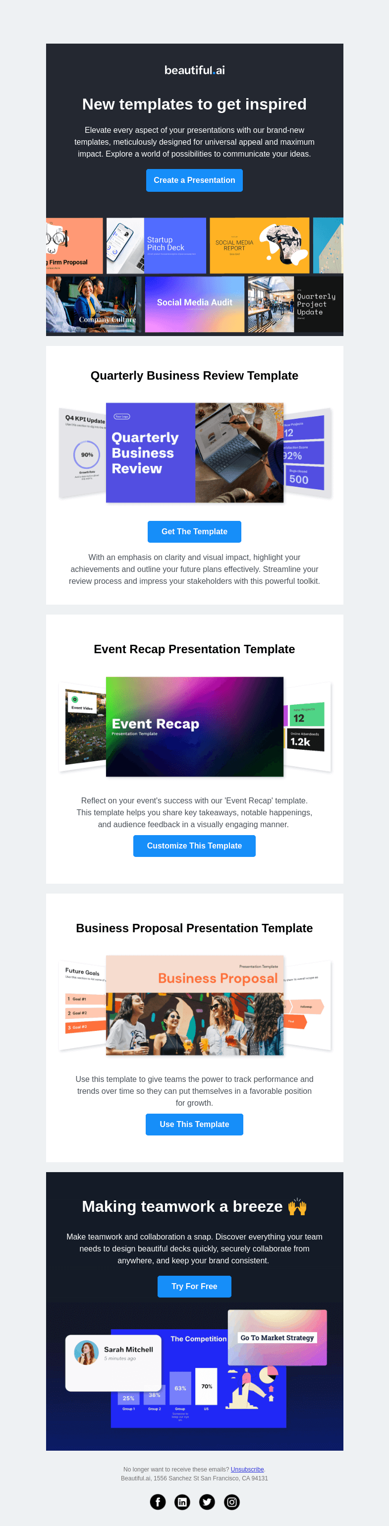 Письмо компании «Beautiful.ai» на тему «Check out our latest templates to crush your next deck»
