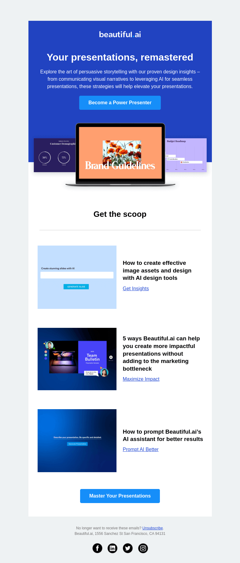 Письмо компании «Beautiful.ai» на тему «Create decks that will make you look like a designer»