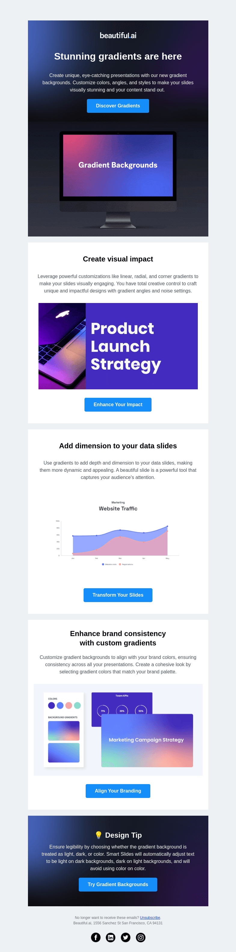 Письмо компании «Beautiful.ai» на тему «NEW | Gradient backgrounds make deck design a breeze»