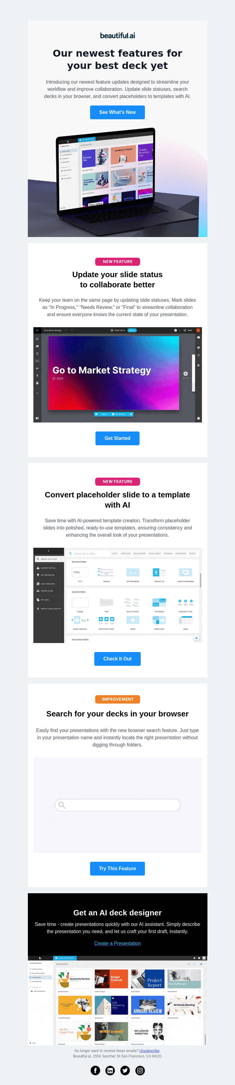 Письмо компании «Beautiful.ai» на тему «NEW features to elevate your workflow»