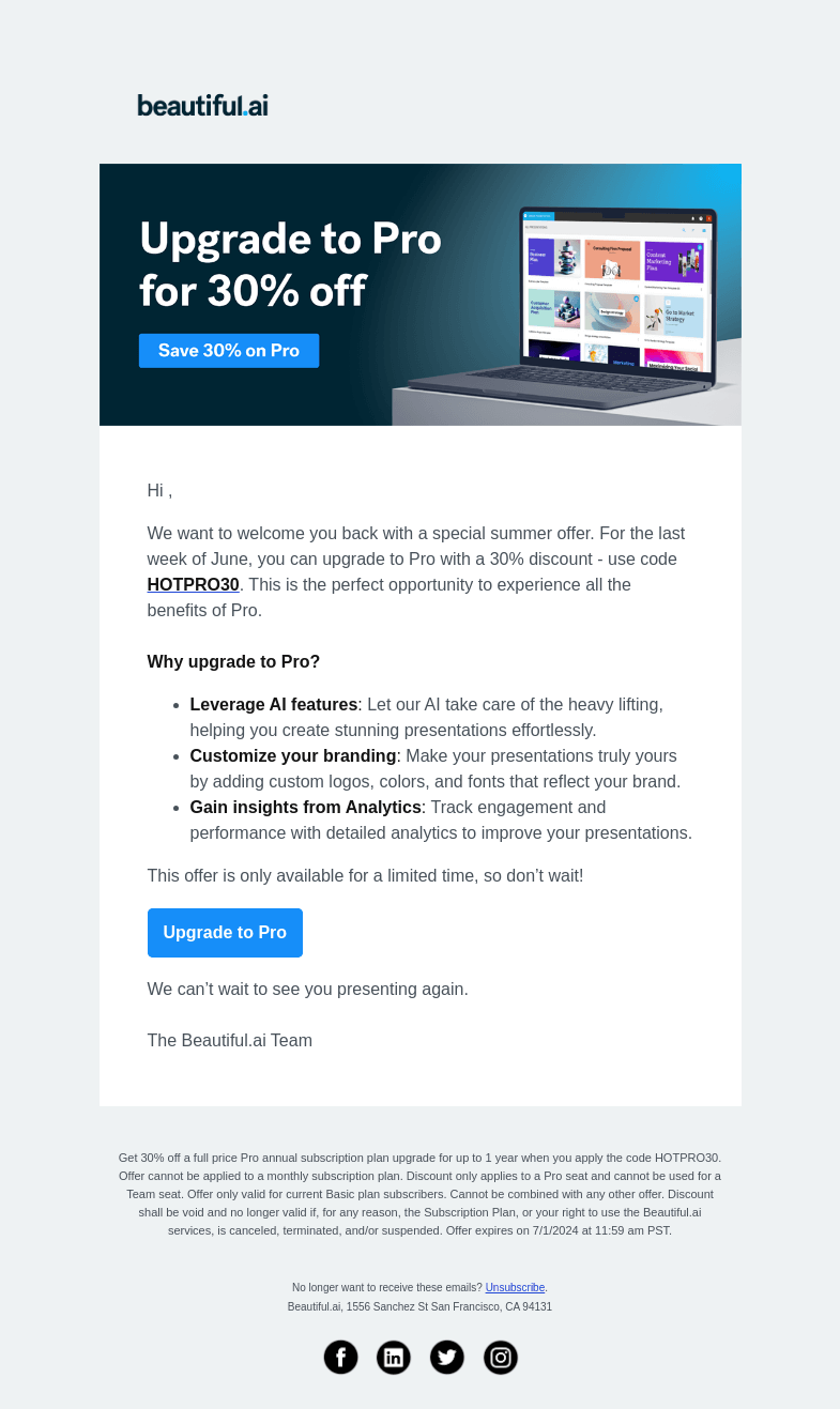 Письмо компании «Beautiful.ai» на тему «Kick the summer off with 30% off Pro!»