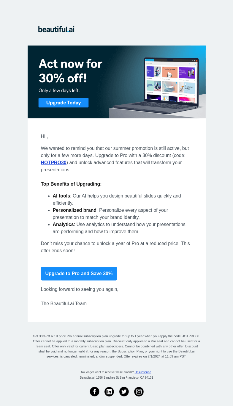 Письмо компании «Beautiful.ai» на тему «Get 30% off »