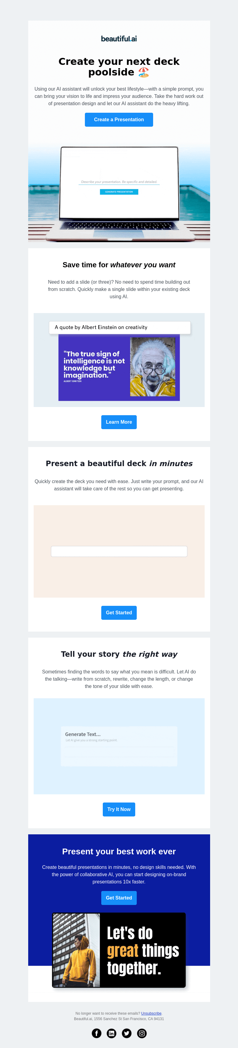 Письмо компании «Beautiful.ai» на тему «Create decks on the pool deck this summer»