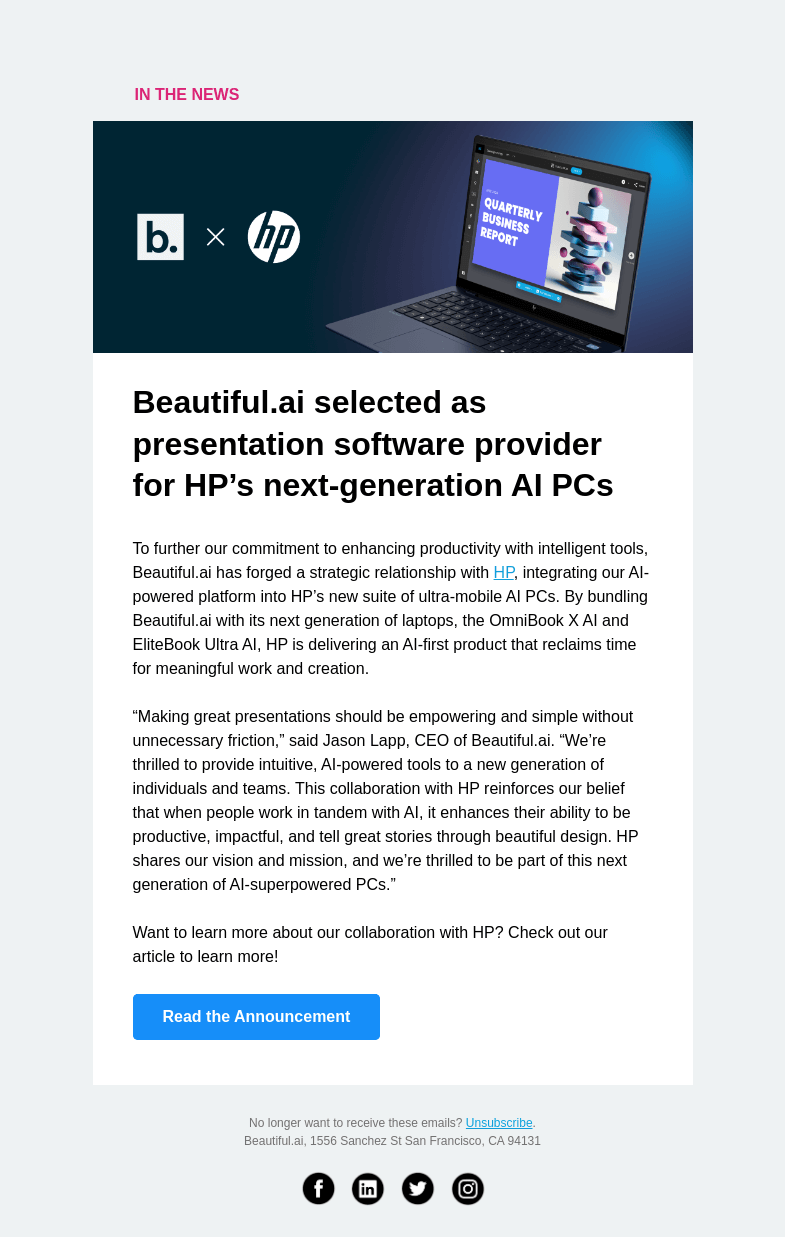 Письмо компании «Beautiful.ai» на тему «Beautiful.ai selected as presentation software provider for»