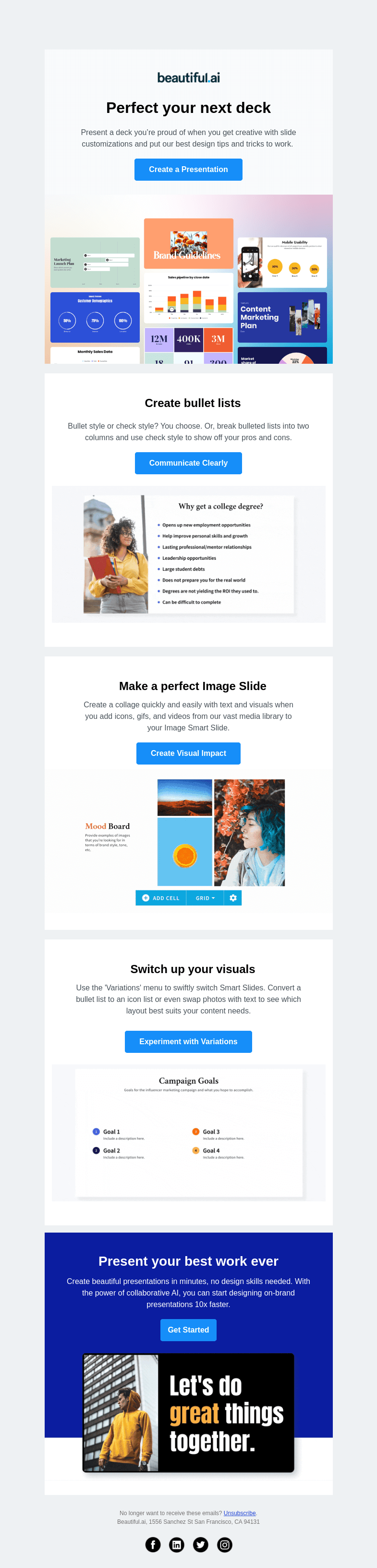 Письмо компании «Beautiful.ai» на тему «Make your next presentation the best one yet»