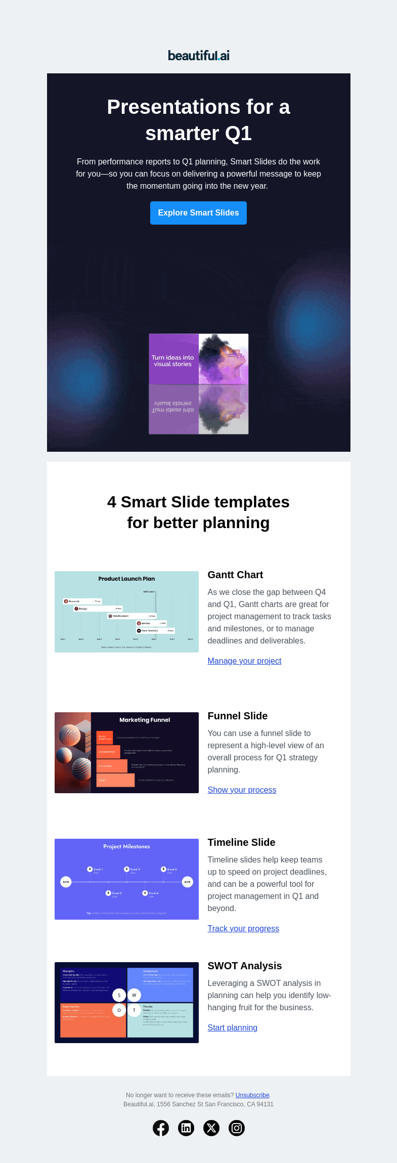 Письмо компании «Beautiful.ai» на тему «Finish strong, start smart: slide templates to take you into Q1!»