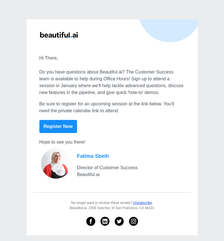 Письмо компании «Beautiful.ai» на тему «Register for January Office Hours»
