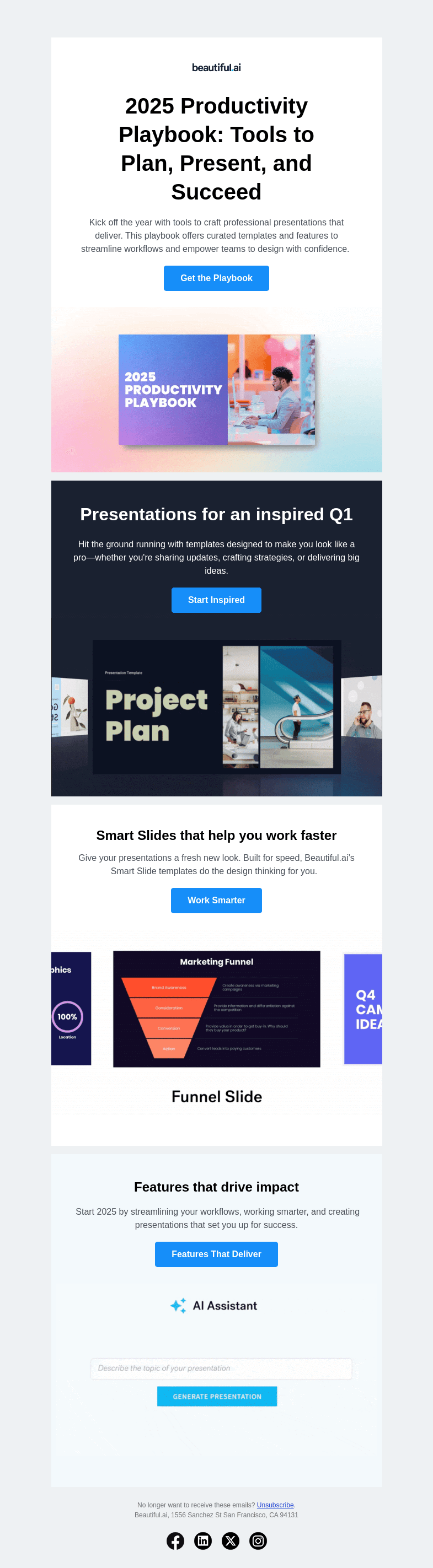 Письмо компании «Beautiful.ai» на тему «Meet your 2025 Productivity Playbook»