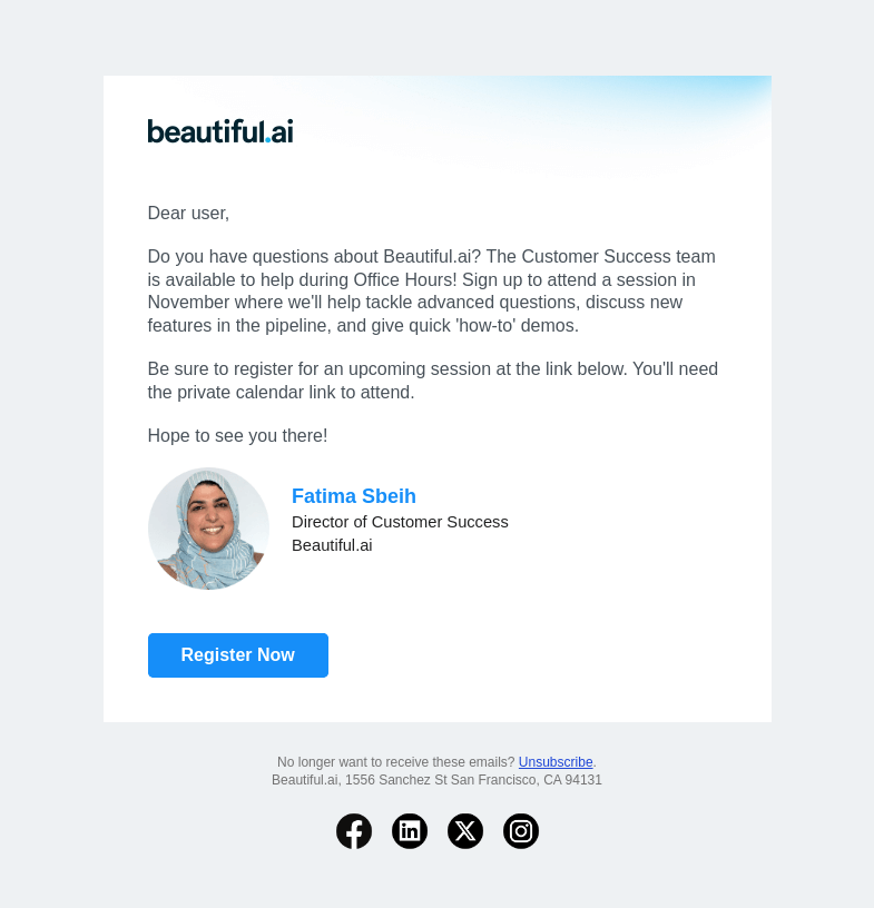 Письмо компании «Beautiful.ai» на тему «Register for February Office Hours»