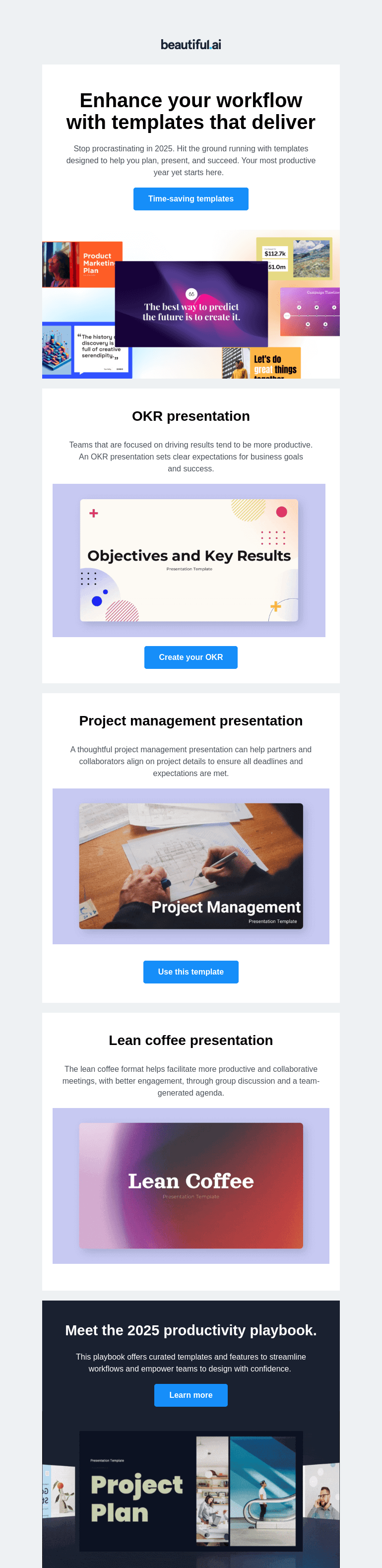 Письмо компании «Beautiful.ai» на тему «Time-saving templates for a more productive year»