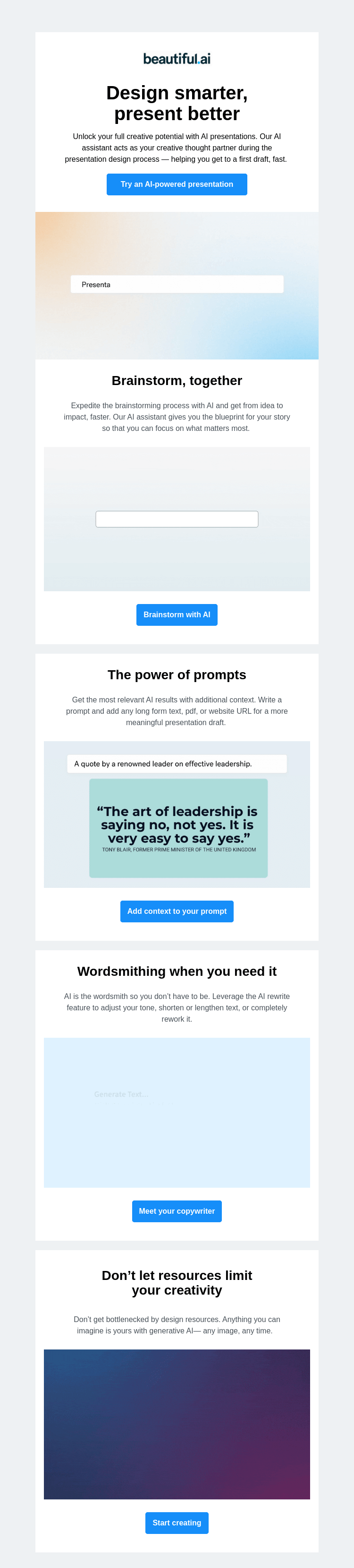 Письмо компании «Beautiful.ai» на тему «Design smarter with the power of AI»