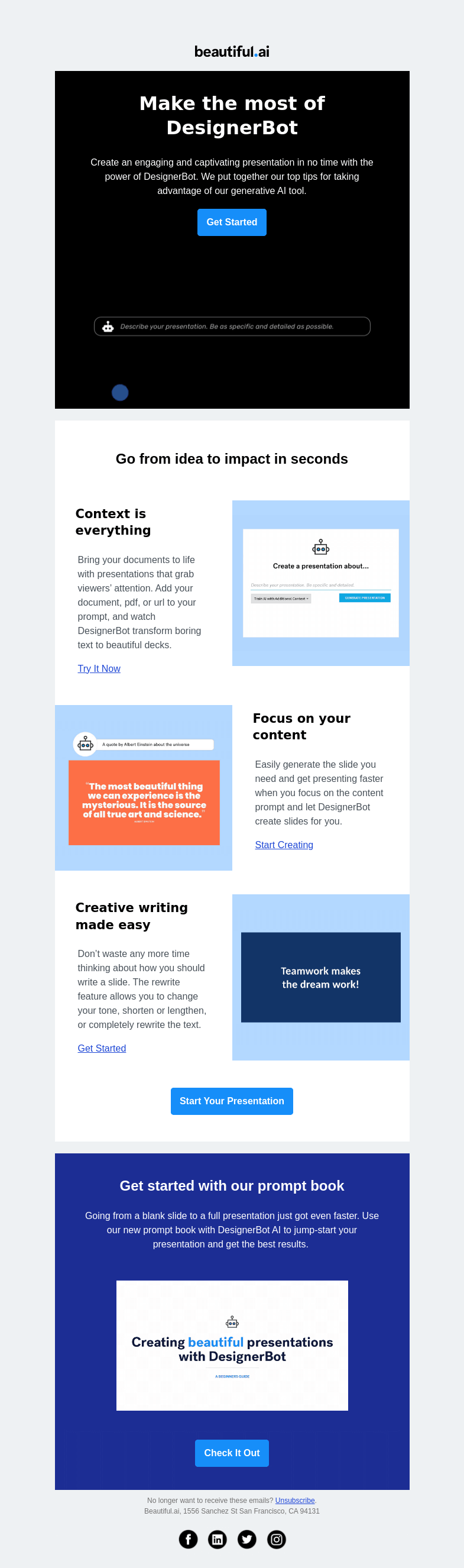 Письмо компании «Beautiful.ai» на тему «Make the most of DesignerBot»