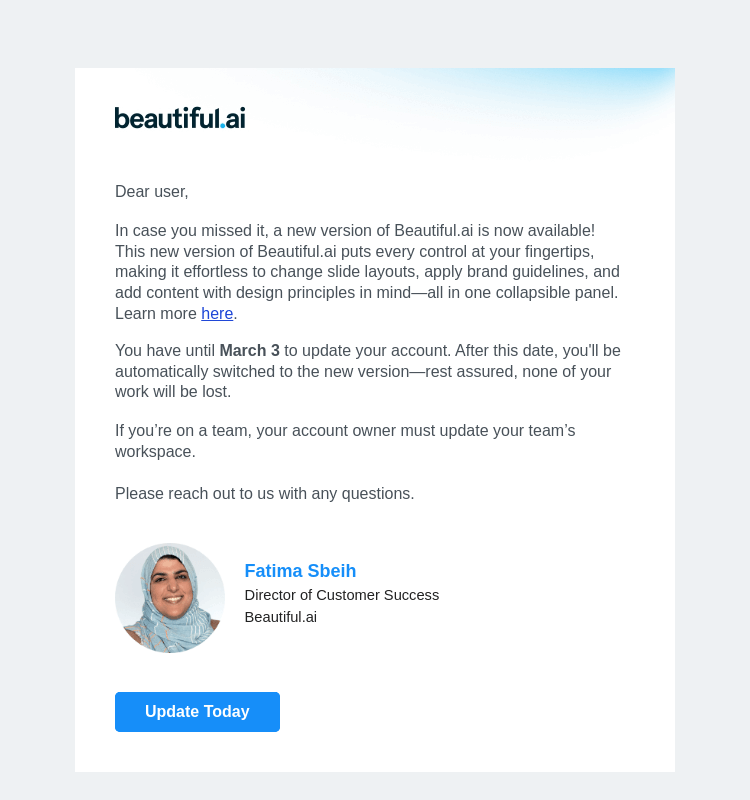 Письмо компании «Beautiful.ai» на тему «Update to the newest version of Beautiful.ai»
