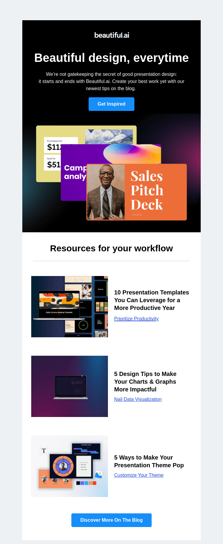 Письмо компании «Beautiful.ai» на тему «Resources to revolutionize presentation design»