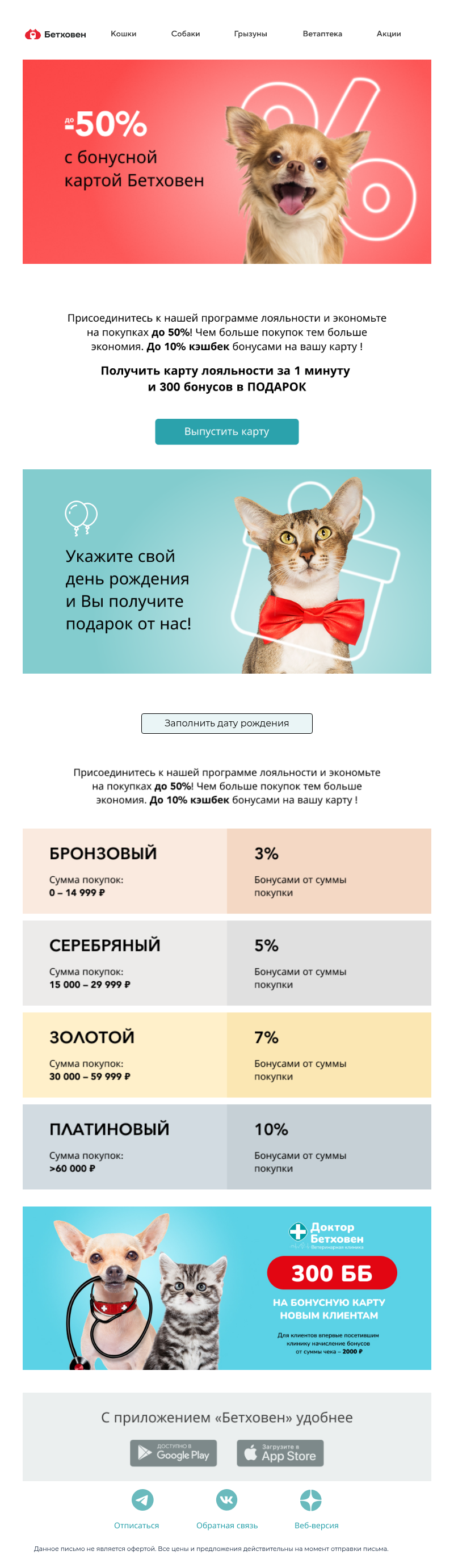 Письмо компании «Бетховен  Зоомагазин» на тему «Получайте до -50% с бонусной картой Бетховен! 🐱🐶 и сюрприз на день рождения!»