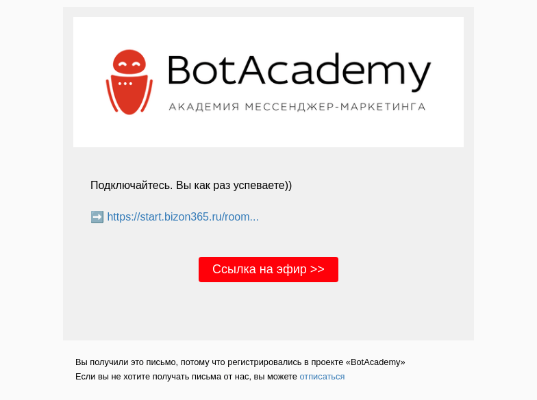 Письмо компании «BotAcademy» на тему «Вы скоро? Мы уже собираем чат-бота!»