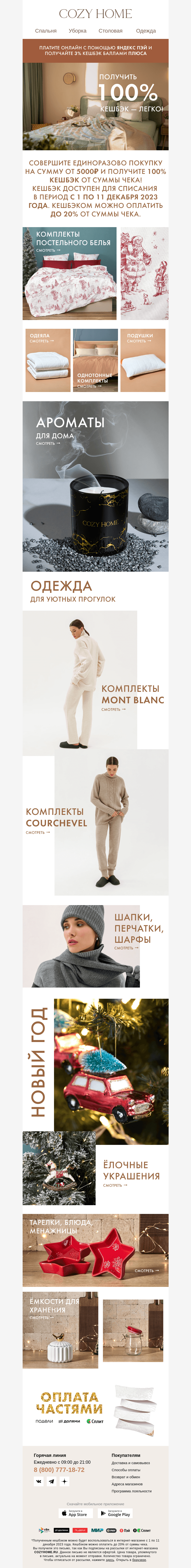 Письмо компании «Cozy Home» на тему «💸 Получите 𝟏𝟎𝟎% кешбэк 💰»