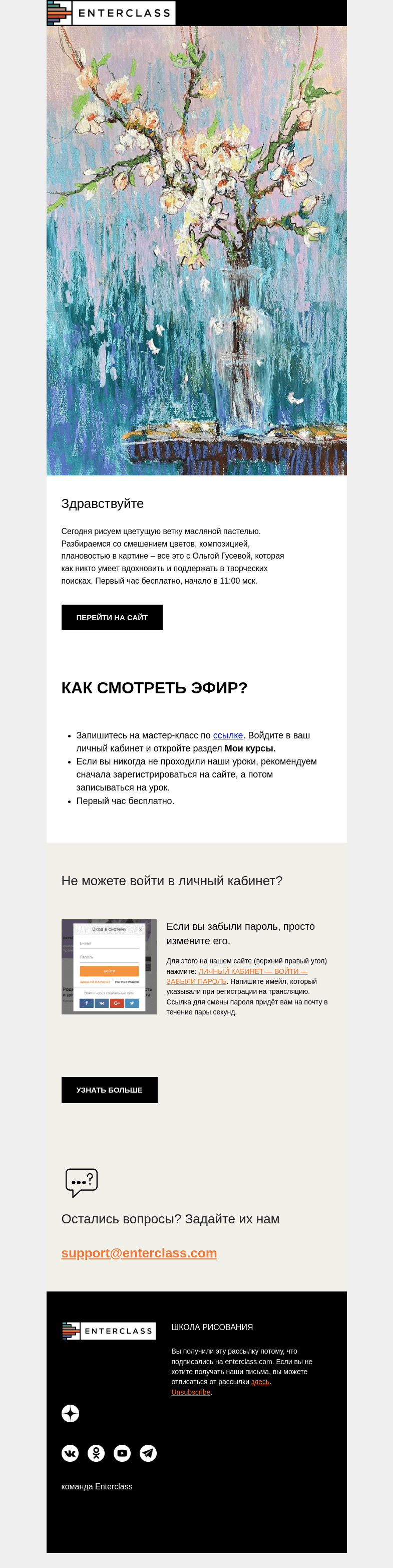 Письмо компании «Enterclass» на тему «Прямой эфир с Ольгой Гусевой: первый час бесплатно»