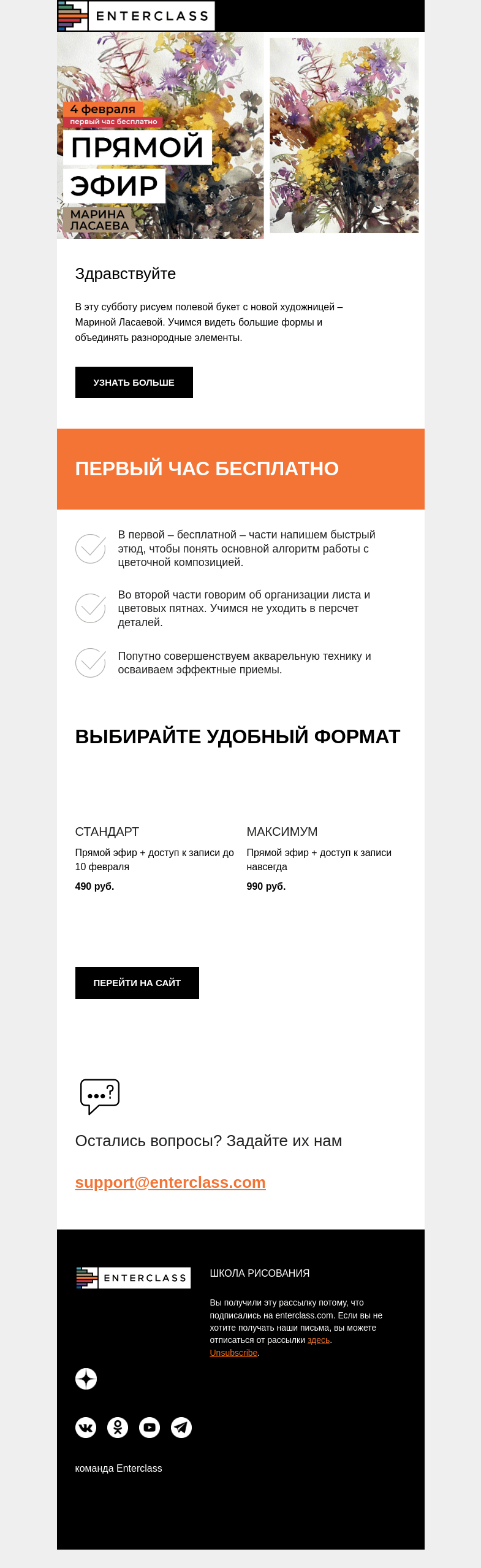 Письмо компании «Enterclass» на тему «Эфир в субботу: полевые цветы акварелью с новым художником»