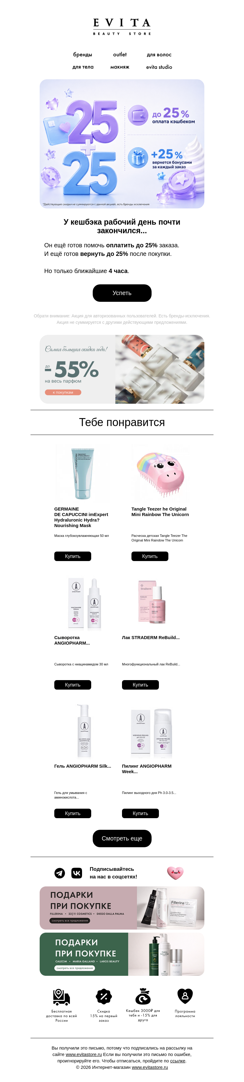 Письмо компании «evitastore.ru» на тему «До завершения — 4 часа»
