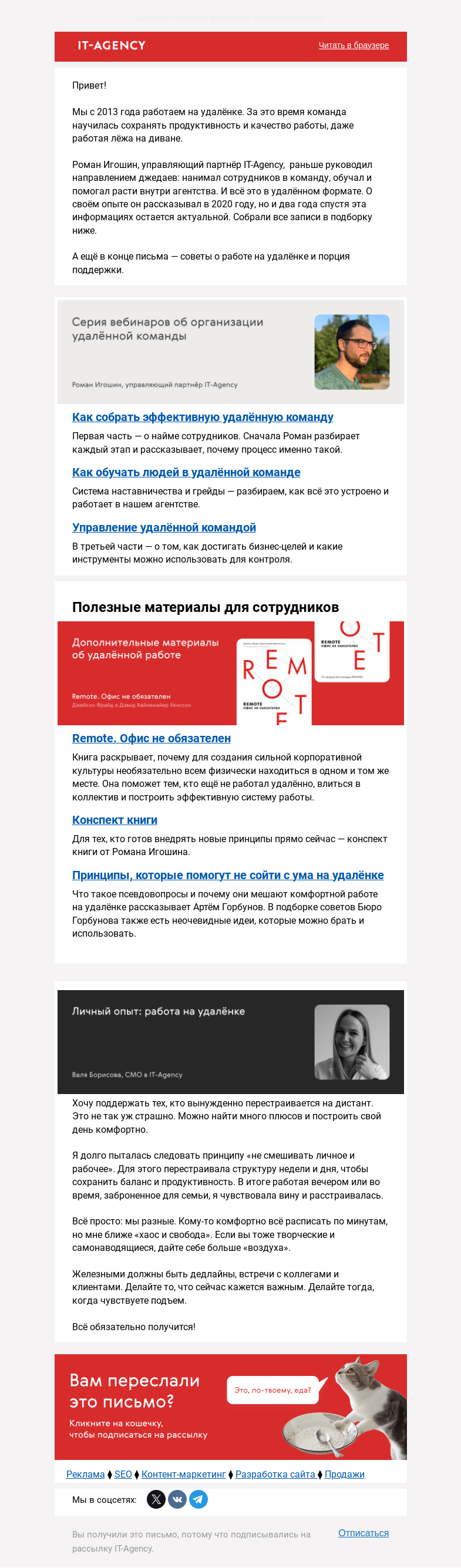Письмо компании «IT-Agency» на тему «Как мы организовали эффективную удалённую команду»