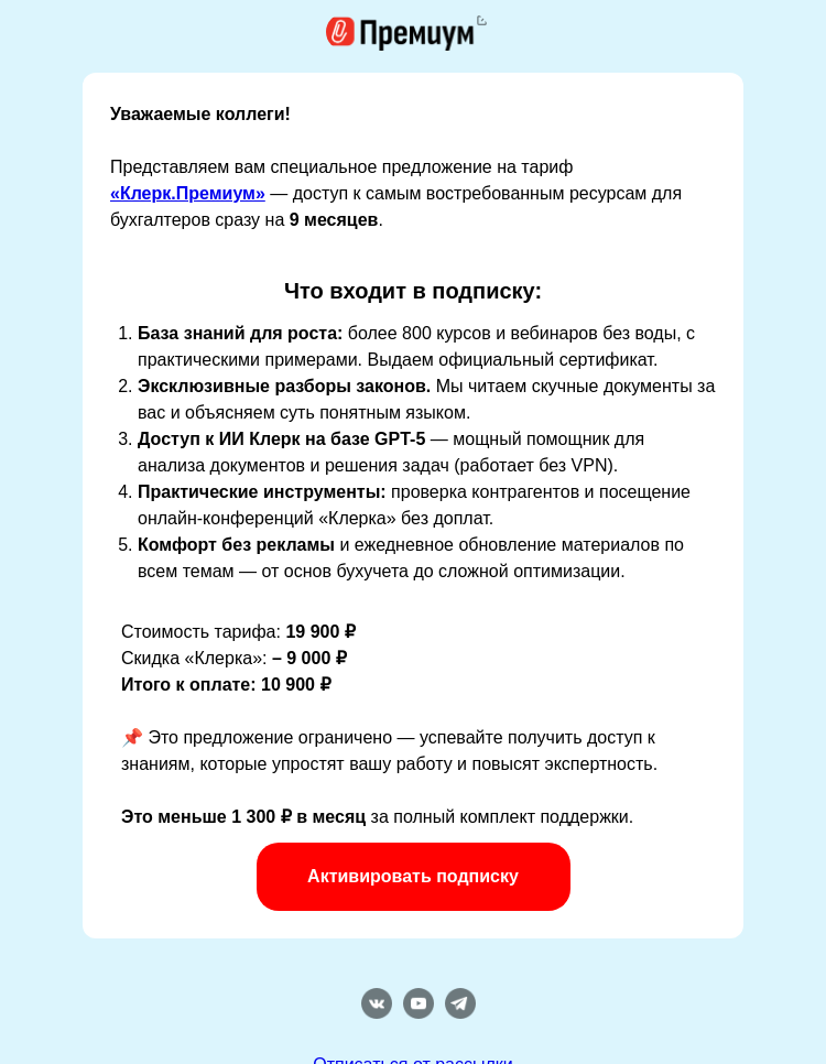 Письмо компании «Клерк» на тему «Премиум-доступ для бухгалтера на 9 месяцев»