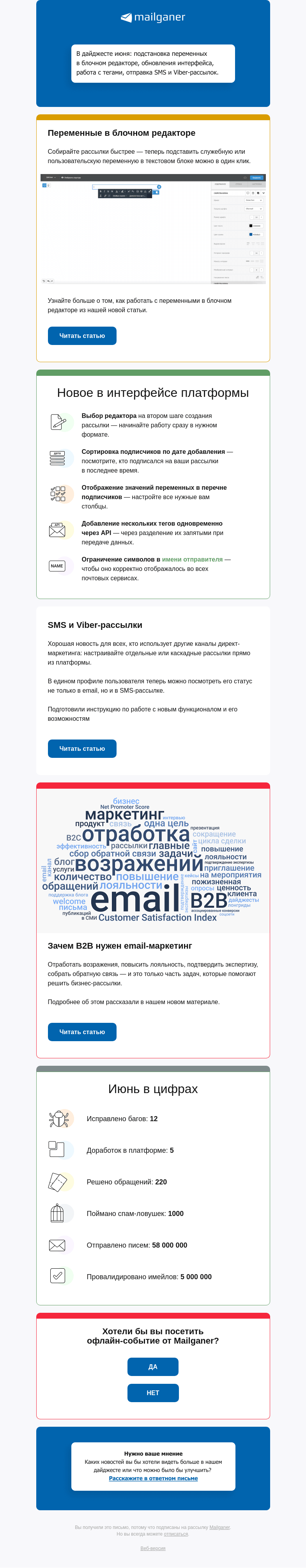 Письмо компании «Mailganer» на тему «Дайджест: SMS и Viber-рассылки, переменные в один клик и другие обновления»