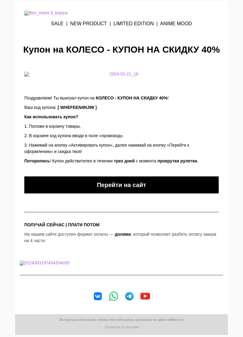 Письмо компании «NIKIFILINI™» на тему «Поздравляем! Ты выиграл КОЛЕСО - КУПОН НА СКИДКУ 40%»