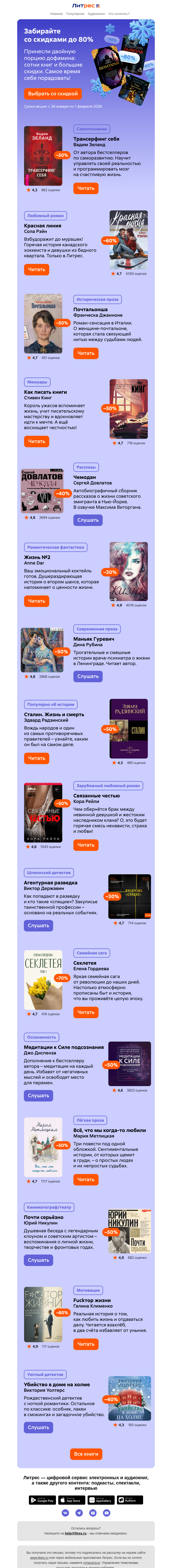 Письмо компании «Литрес» на тему «До –80% в январе»