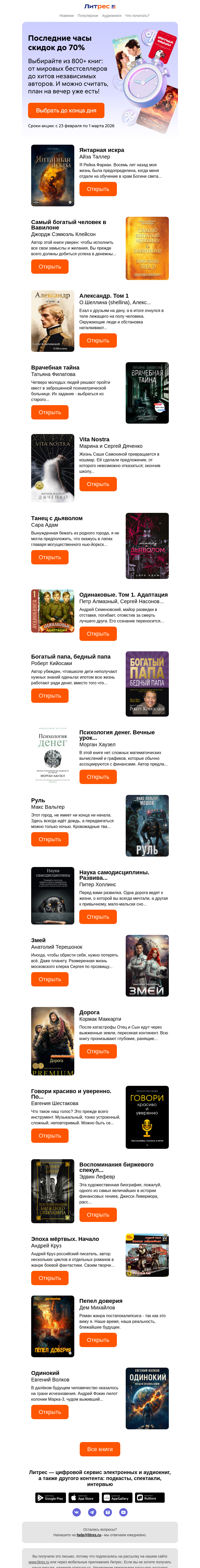 Письмо компании «Литрес» на тему «Сегодня до –70% на эти книги»