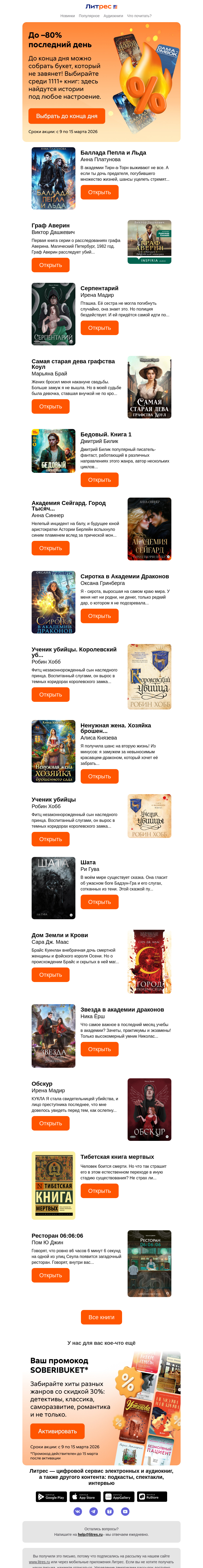 Письмо компании «Литрес» на тему «Последние часы до –80%»