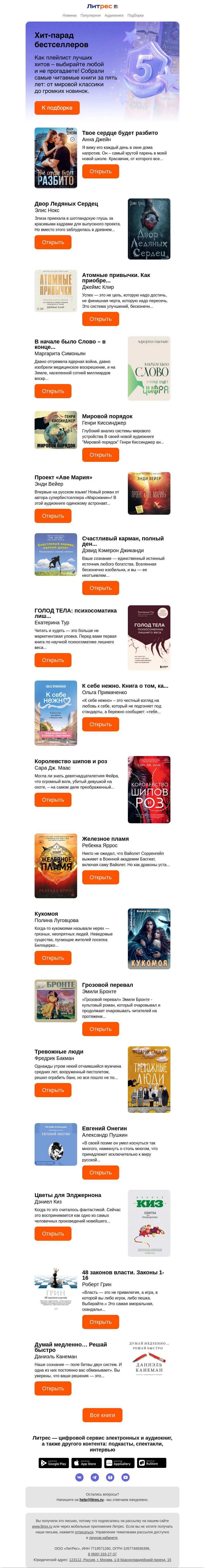 Письмо компании «Литрес» на тему «Книги пятилетия»