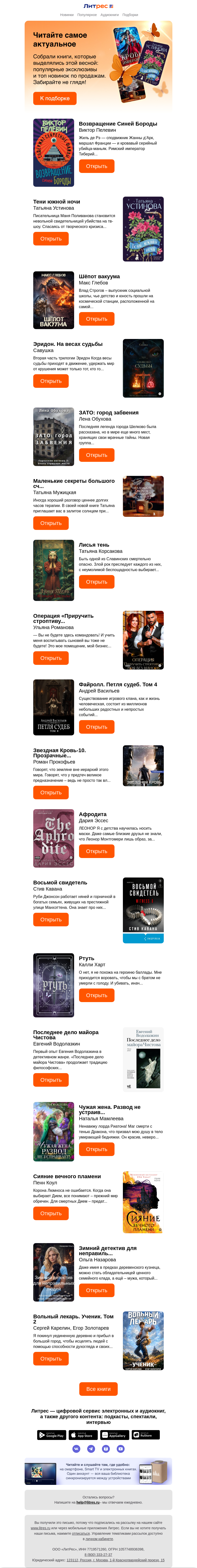 Письмо компании «Литрес» на тему «Лучшие книги весны»