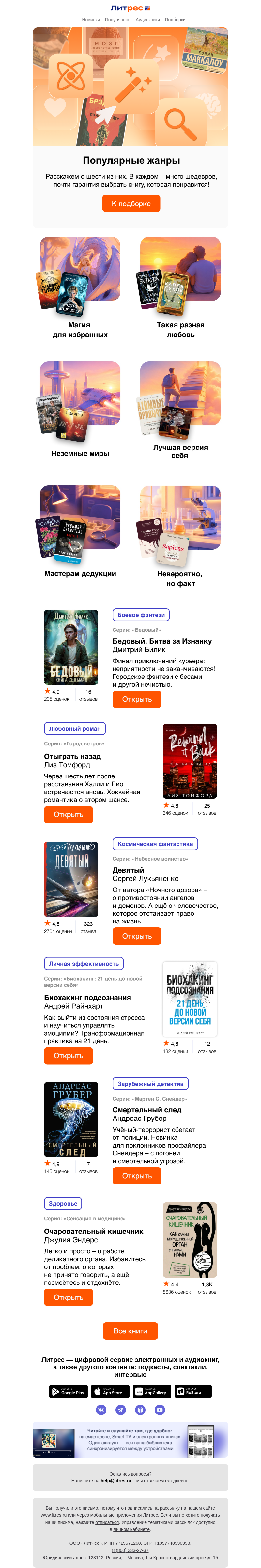 Письмо компании «Литрес» на тему «6 популярных жанров»