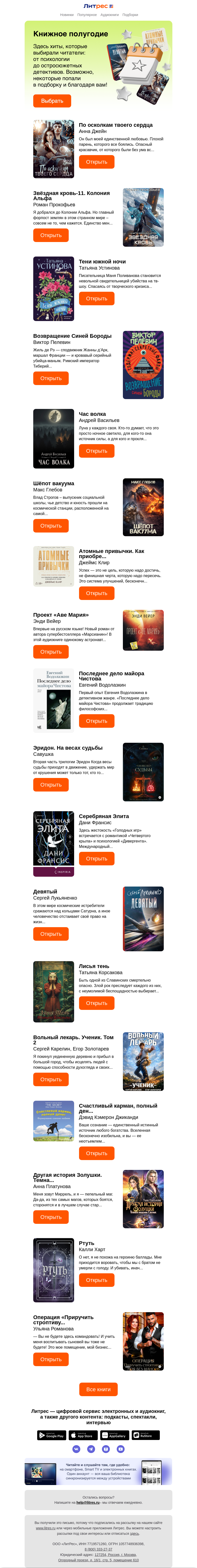 Письмо компании «Литрес» на тему «300+ книг первого полугодия»