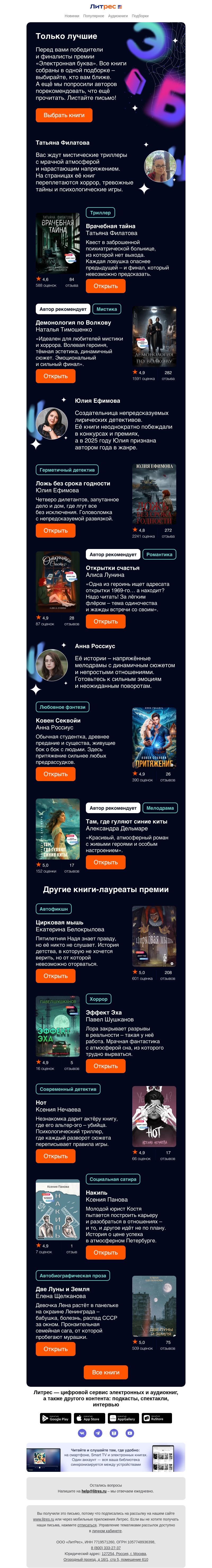 Письмо компании «Литрес» на тему «Встречайте победителей 🏆»