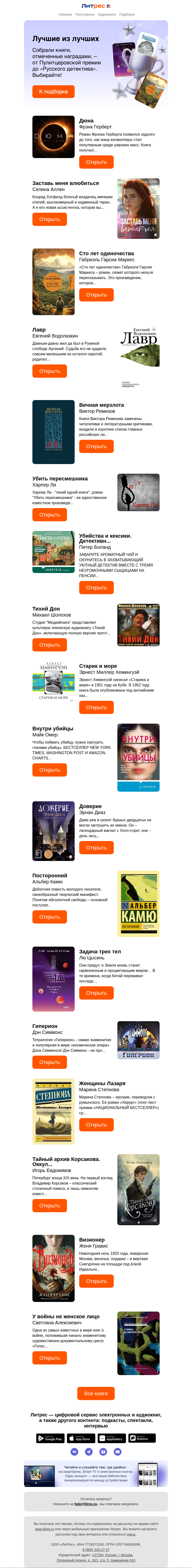 Письмо компании «Литрес» на тему «Лауреаты главных премий»