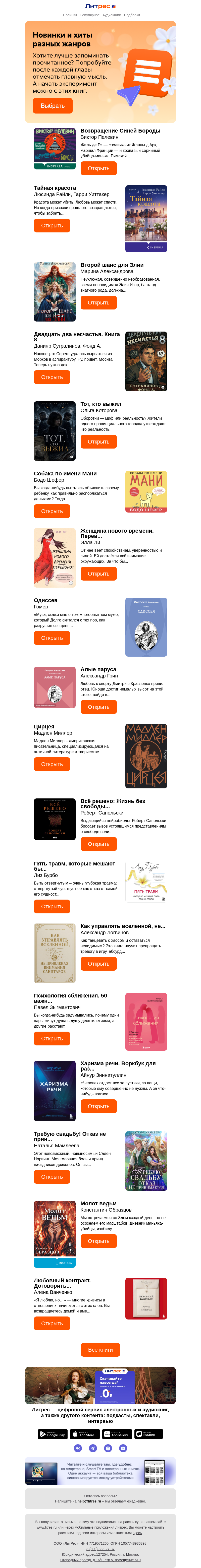 Письмо компании «Литрес» на тему «Подскажем, что почитать»