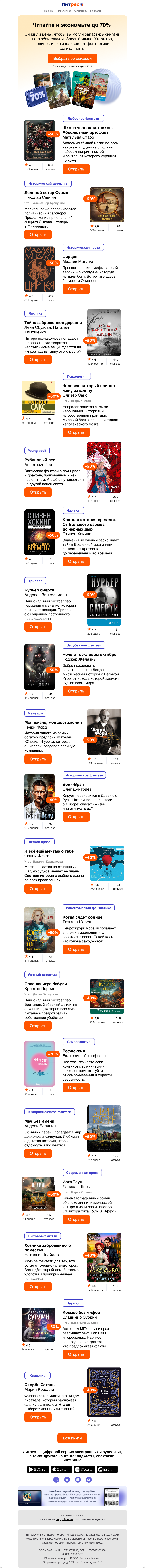Письмо компании «Литрес» на тему «До –70% на книжные открытия»