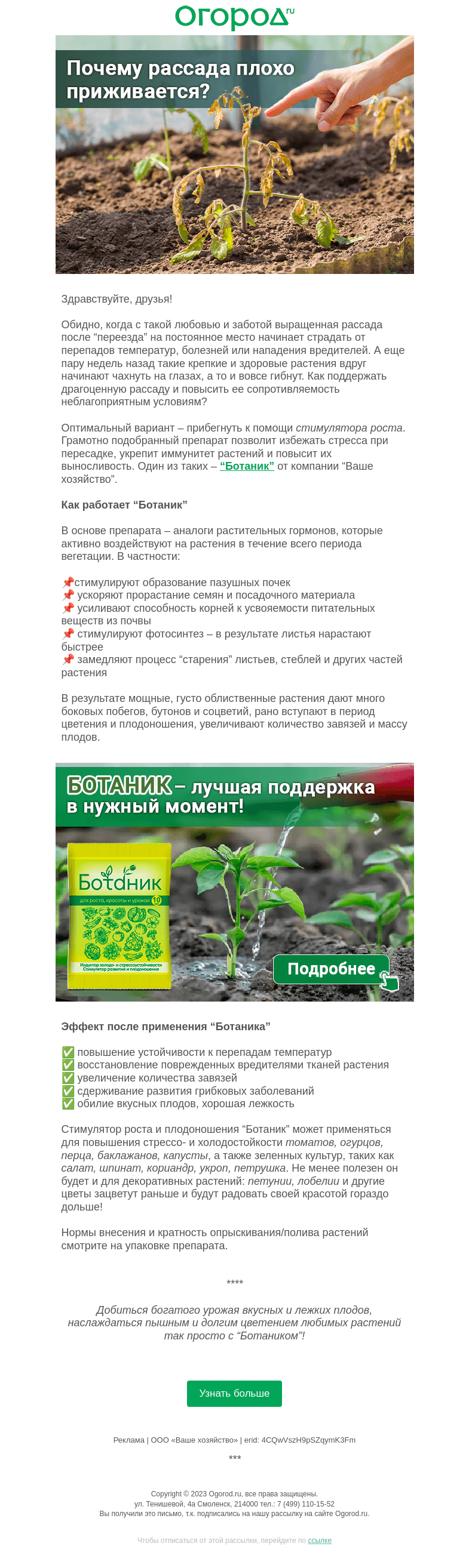 Письмо компании «Огород.ru» на тему «Почему рассада не приживается?»