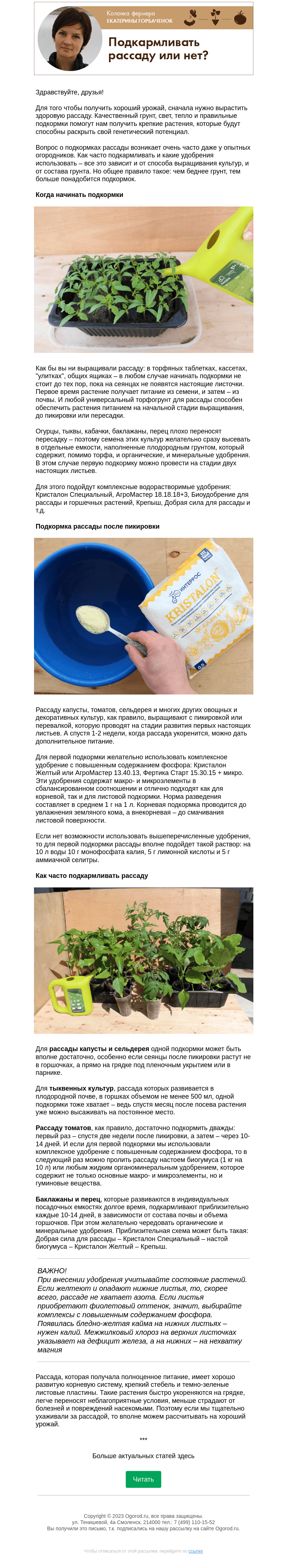 Письмо компании «Огород.ru» на тему «Колонка фермера. Подкармливать рассаду или нет?»