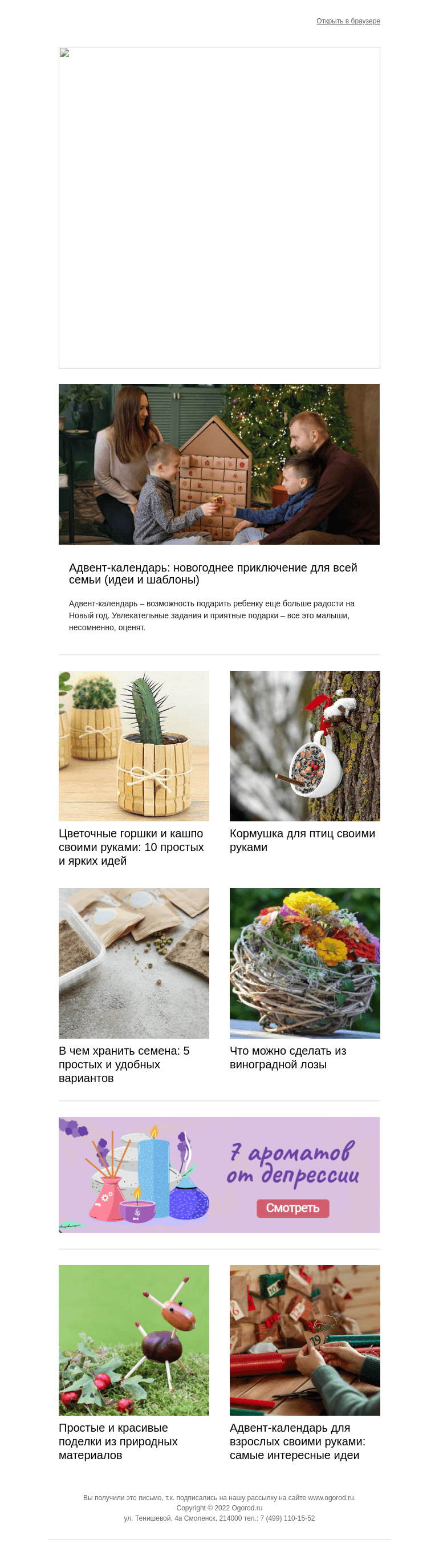 Письмо компании «Огород.ru» на тему «Дома скучно? Смастерите кормушки, кашпо, адвент-календарь»