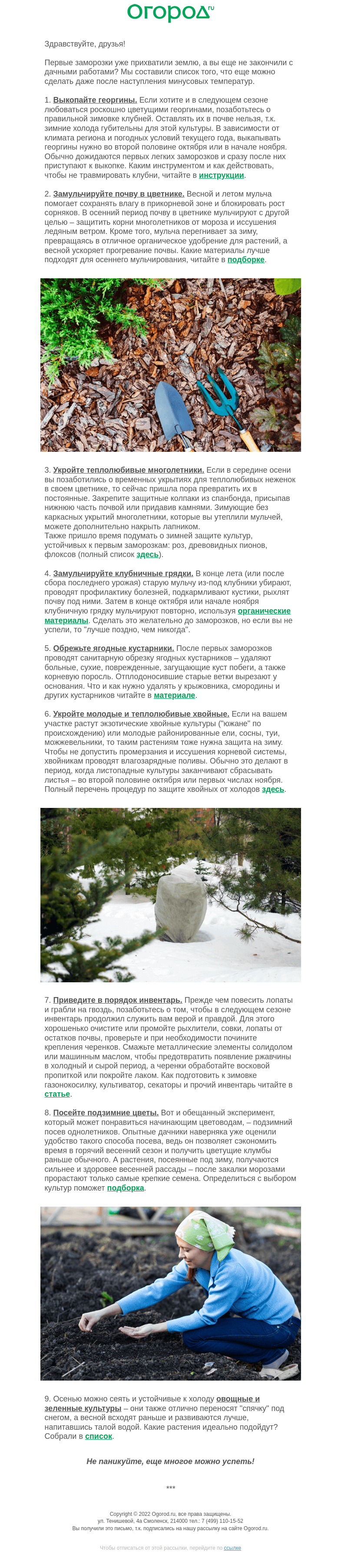 Письмо компании «Огород.ru» на тему «Работы, которыми можно заняться после заморозков»