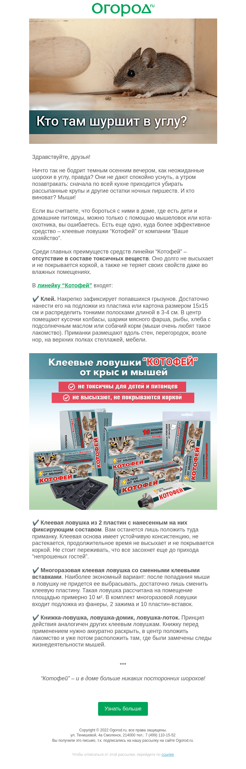Письмо компании «Огород.ru» на тему «Простой способ избавиться от грызунов в доме»