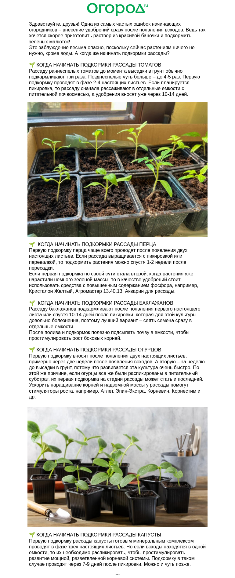 Письмо компании «Огород.ru» на тему «🌱 Когда начинать подкормки рассады»